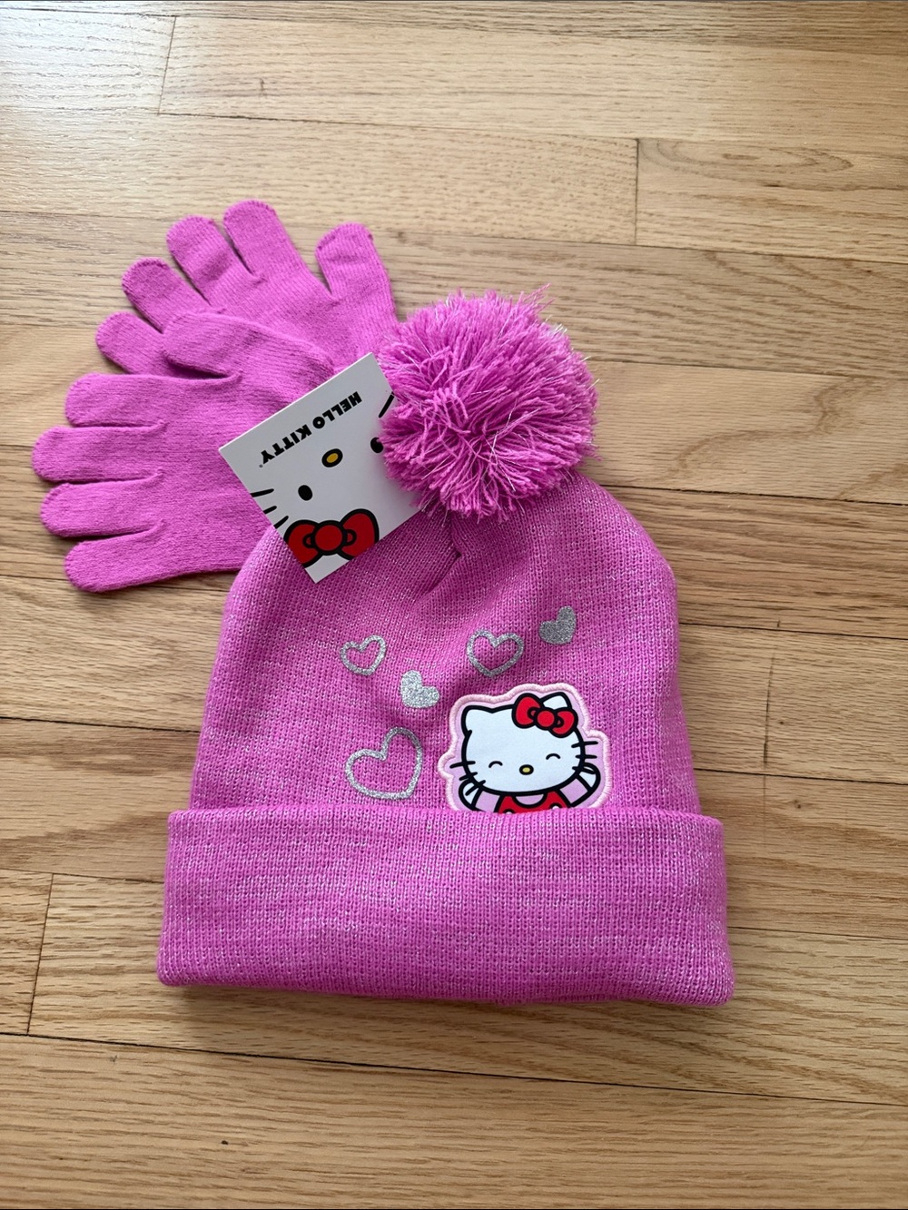Hello Kitty (Sanrio) Hot Pink Pom Beanie with Matching Gloves